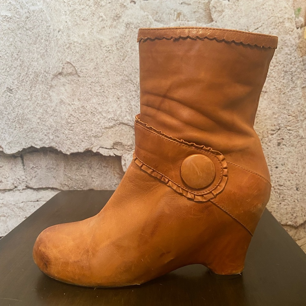 Miz Mooz Janice Caramel Distressed Leather Wedge Boots